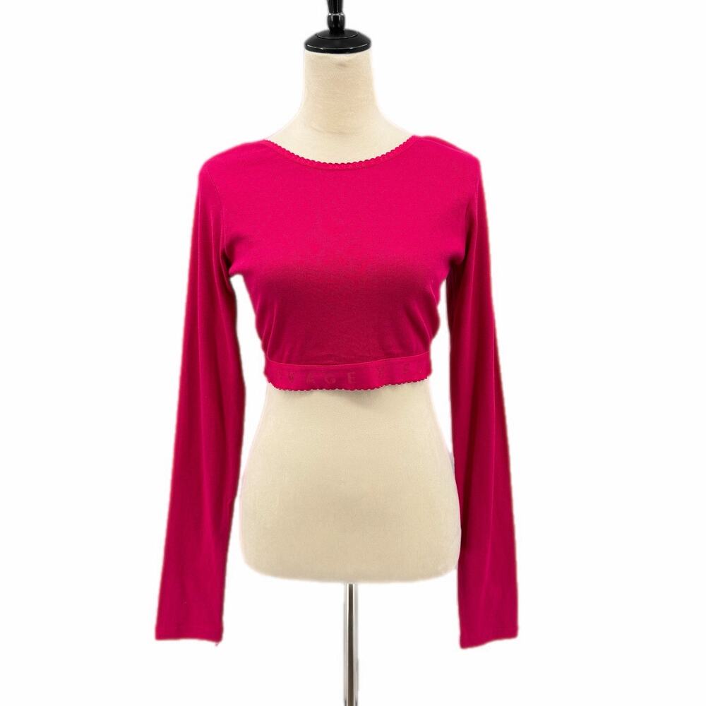 Savage x Fenty NEW Magenta Pink Cotton Jersey Scoop Back Long Sleeve Crop Top